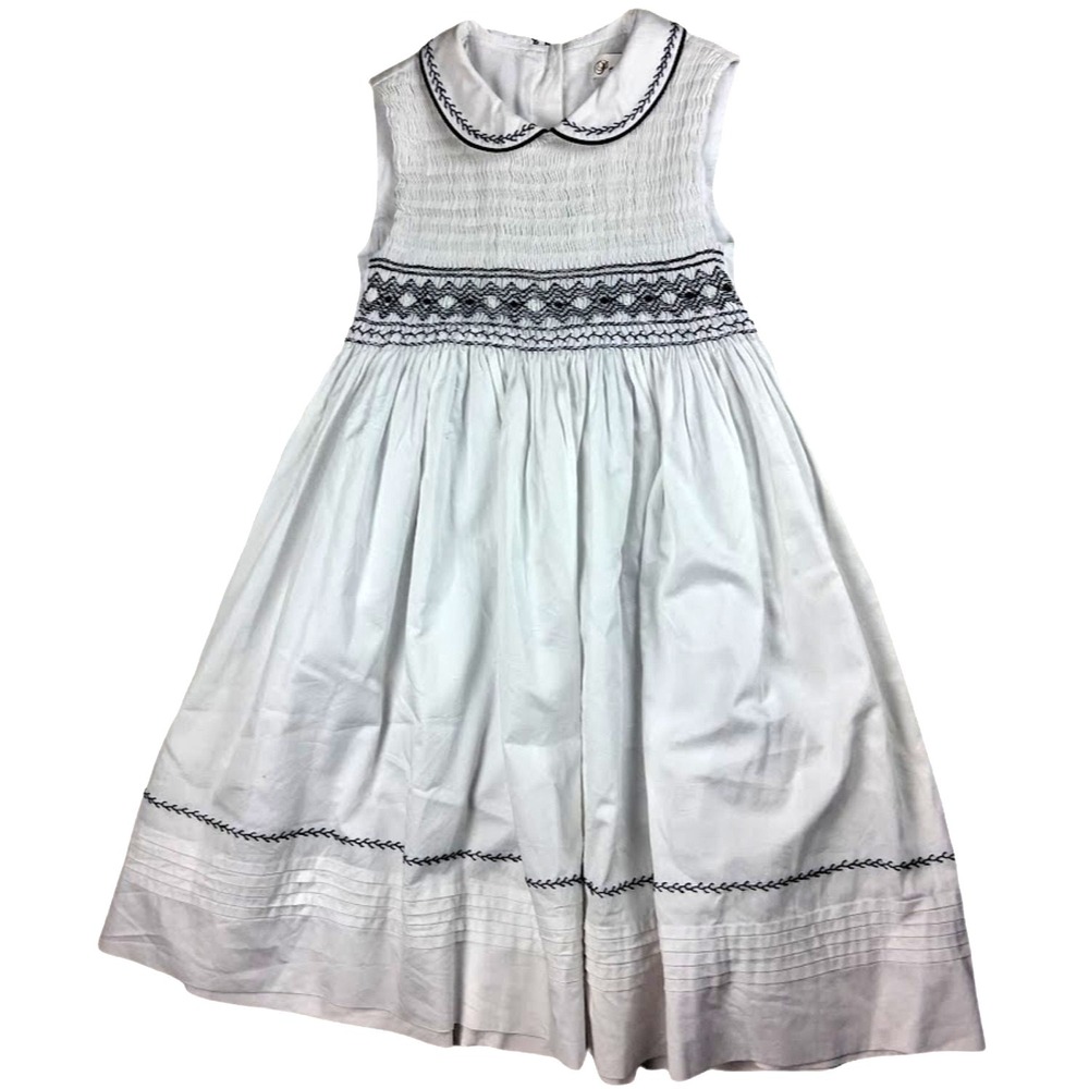 Pettigirl Smocked Dress Girls Sz 8 White Blue Embroidered‎ Peter Pan Collar